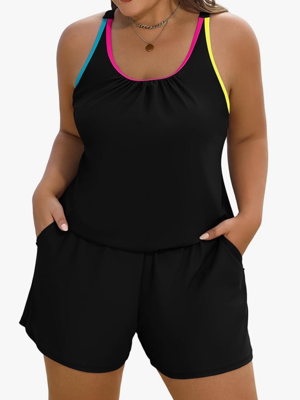 Black Tank Swimsuit Romper with Neon Trim